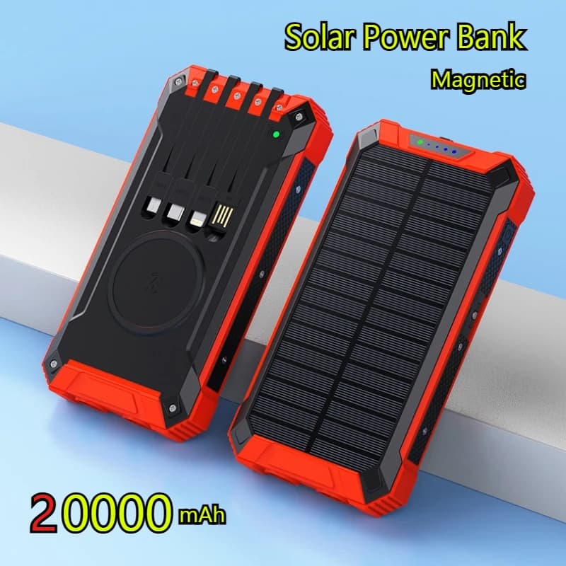 Caricabatterie portatile 20000mAh con 4 cavi Solar Power Bank con luci a LED per iPhone Samsung Xiaomi Huawei Batteria di ricambio