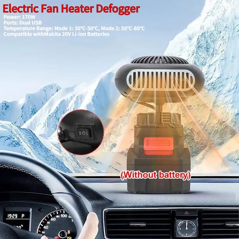 Ventilatore di riscaldamento elettrico portatile Ventilatore d'aria con doppie porte USB Macchina per disappannamento per finestrini auto senza fili adatta a Makita 20V