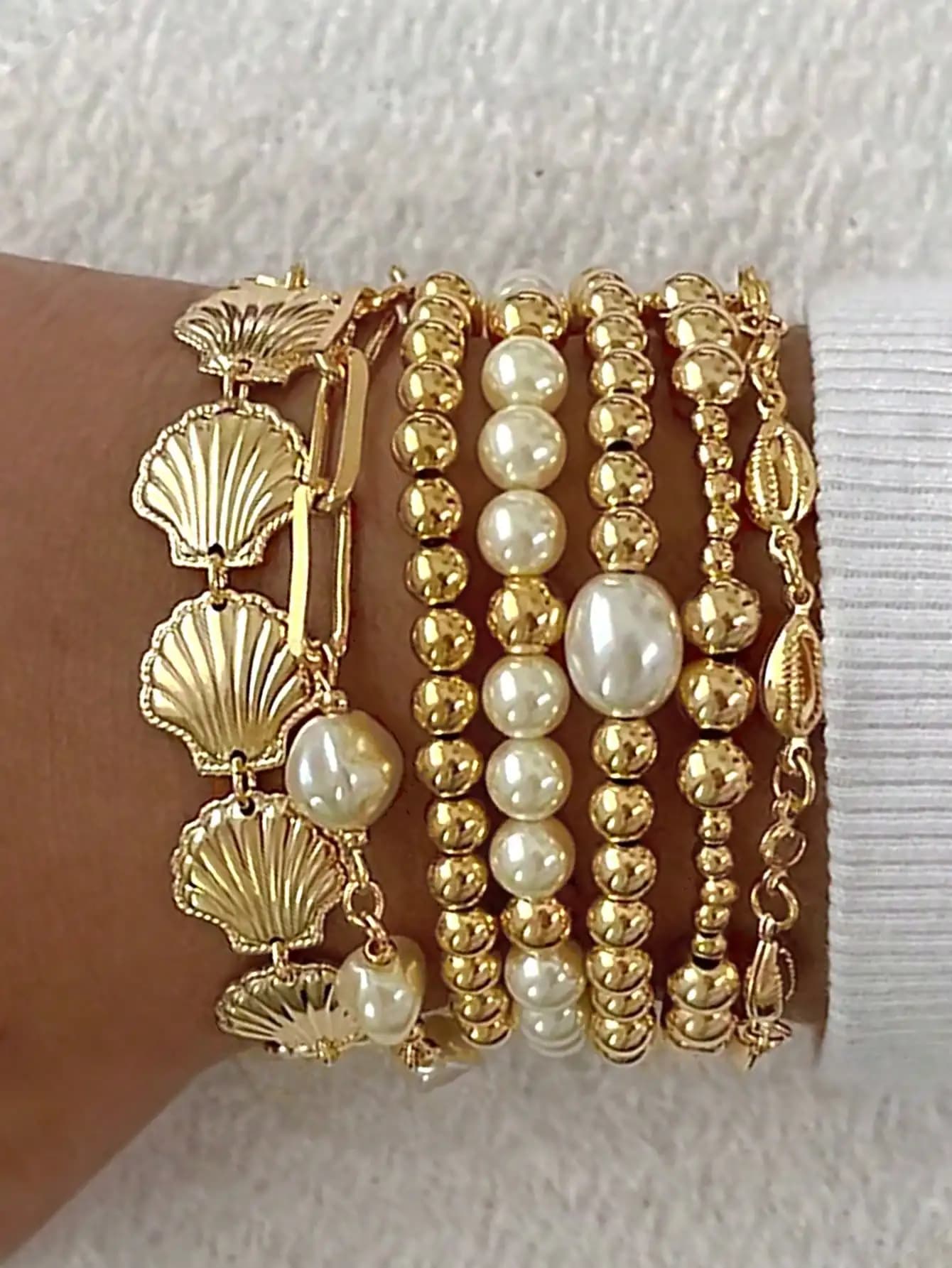 7pcs Vintage Elegant Bohemian Style CCB Beaded Starfish Shell Pearl Bracelet Set, Suitable For Women's Daily, Party, Stackable, Holiday Gift