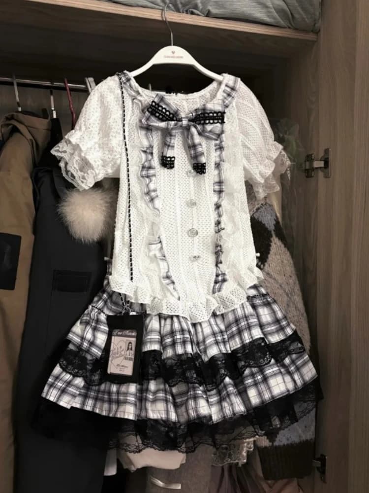 Set da 2 pezzi stile dolce preppy giapponese da donna top Y2k con fiocco Kawaii + gonne in pizzo moda femminile abiti vintage adorabili e chic