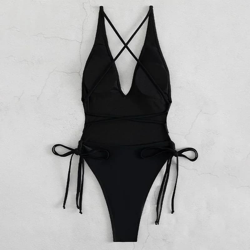 Bikini europeo e americano con scollo a V con lacci in tinta unita da donna 2025 nuovo costume intero da spiaggia a vita alta per la primavera calda