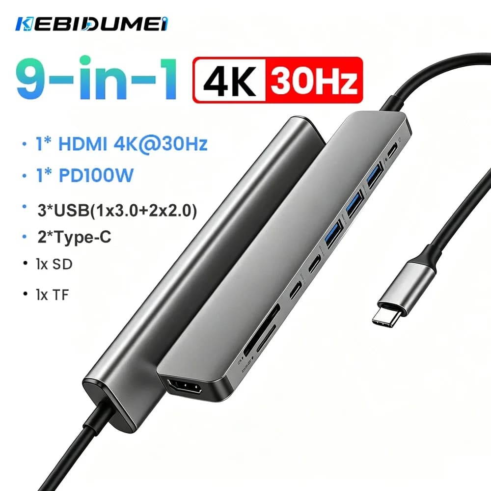 KEBIDUMEI USB HUB 9 in 1 Type-C to 4K30Hz HDMI SD&TF 5Gbps USB3.0 PD100W USB Splitter Docking Station for PC Macbook Accessories