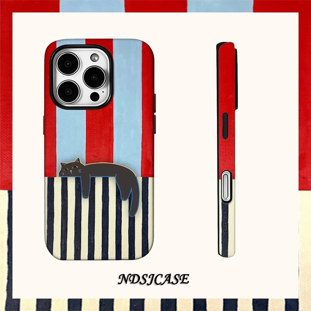 Black Cat Between The Stripes Phone Case for iPhone 17 16 15 14 13 12 11 X XS XR XSMAX Air Pro Max Plus Luxury Double-layer