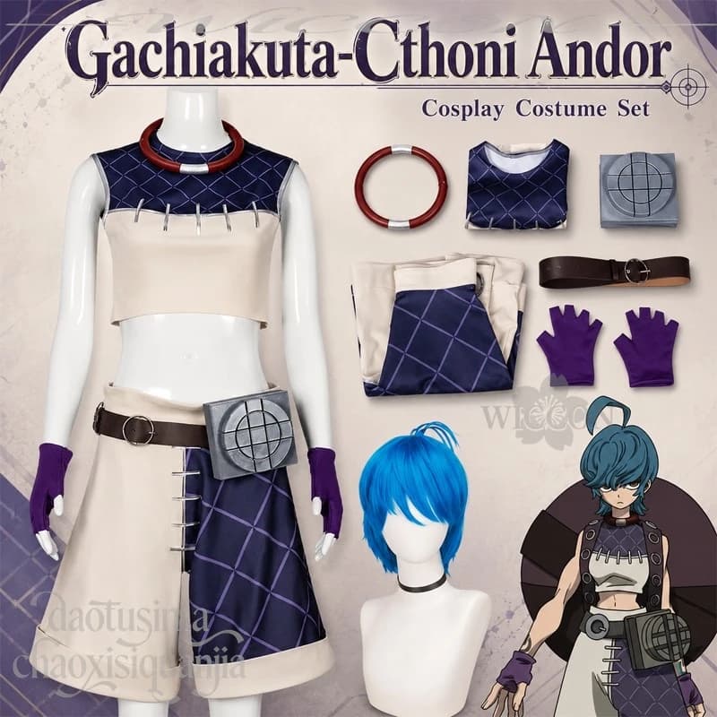 Anime Gachiakuta Cosplay Cthoni Andor Costume Handsome Punk Short Top Pants Necklace Gloves Blue Wigs Halloween Christmas Party