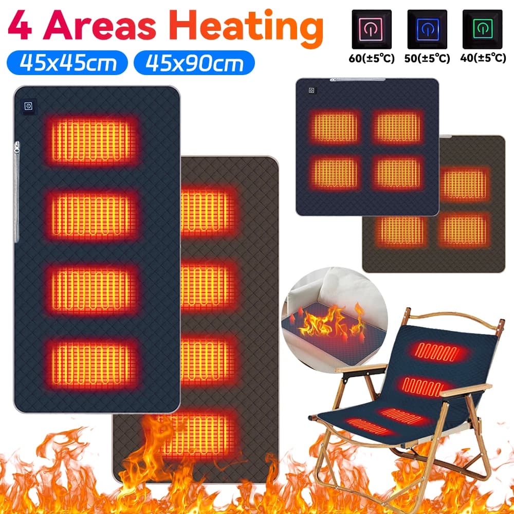Sedia da campeggio a 4 aree riscaldate Cuscino riscaldato Riscaldatore portatile Cuscino caldo 3 temperature regolabili per la pesca invernale dello stadio all'aperto