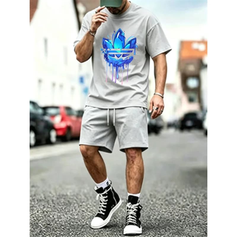 Men's 2 Piece Outfit Abstract Liquid Print T Shirt And Shorts Casual Streetwear Tracksuit Mesh Set