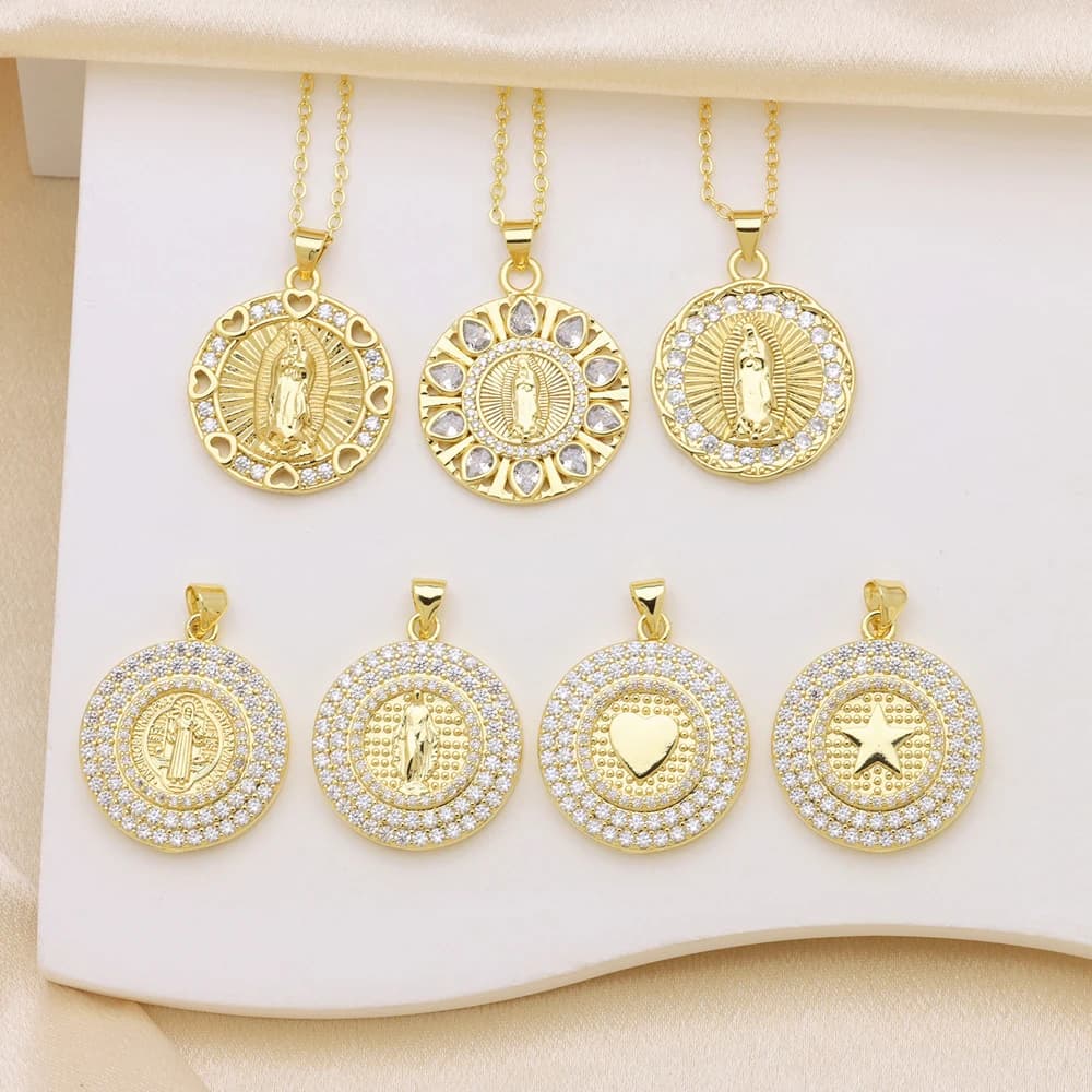 5 pz/lotto Scintillante Pieno CZ Vergine Maria Collana Ciondolo A Forma di Cuore Stella Placcato Oro 18K Gioielli Religiosi Regalo per Le Donne