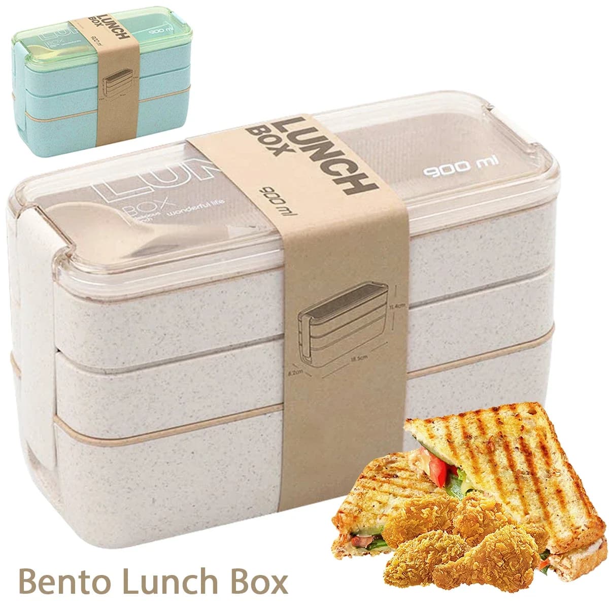 Contenitore per Pranzo Bento da 900ml per Bambini, 3 Scomparti Impilabili, Ermetico, Portatile, in Paglia di Grano, Lavabile in Lavastoviglie