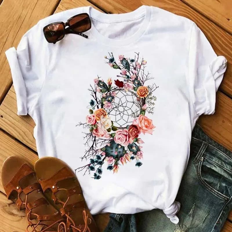 Maycaur Women Summer Short Sleeve Dreamcatcher Feather Fashion Print Lady T-shirts Top T Shirt Ladies Womens Graphic Tee T-Shirt