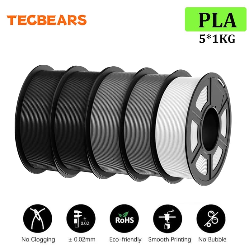 Filamento PLA TECBEARS per Stampante 3D, 1.75mm, 5 Rotoli, Colori Nero/Grigio/Bianco, Senza Bolle, per FDM DIY, Materiale Regalo, Spedizione Rapida USA