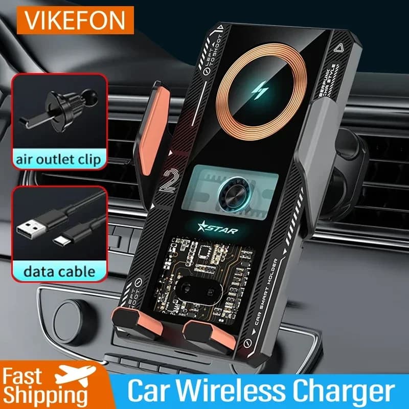 VIKEFON Caricabatterie wireless per auto Supporto per telefono per auto Stazione di ricarica rapida a induzione a infrarossi per iPhone 15 14 13 Samsung Xiaomi