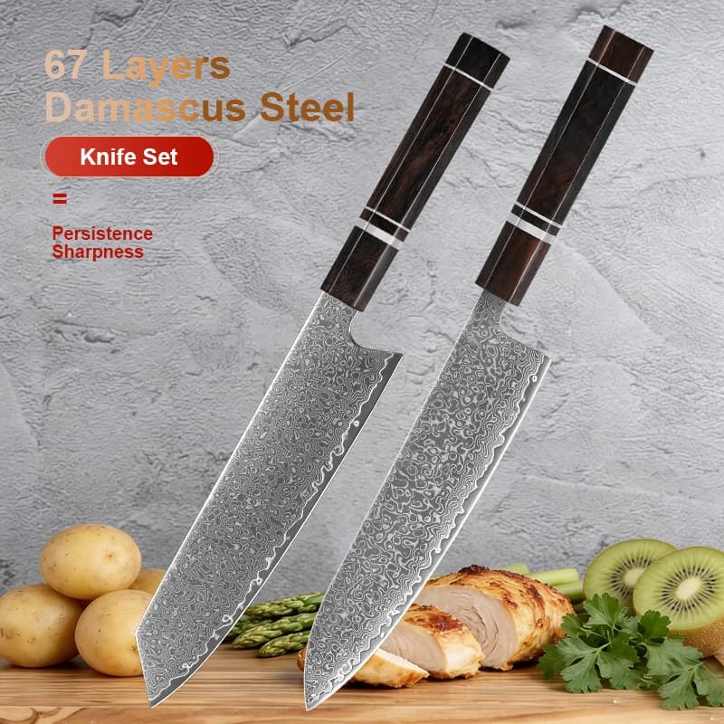 Set di 1-2 Coltelli da Cucina in Acciaio Damascato Giapponese, Coltello Chef Kiritsuke Super Affilato con Manico in Legno di Ebano
