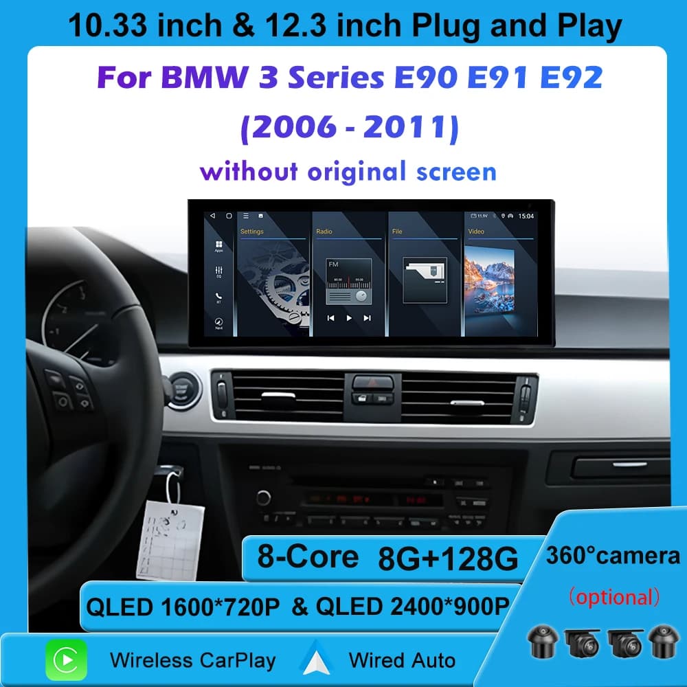 Lettore multimediale per auto per BMW Serie 3 E90 E91 E92 2006-2011 Senza schermo originale Navigazione GPS Android 14 4G WIFI Bluetooth