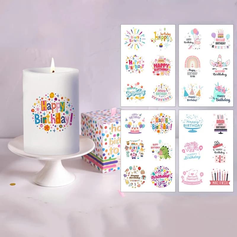 Adesivi per candele di compleanno Decalcomania per scivoli d'acqua per candele Confezione da 8 fogli Stampa a trasferimento d'acqua Tatuaggi Decorazioni per buon compleanno fai da te