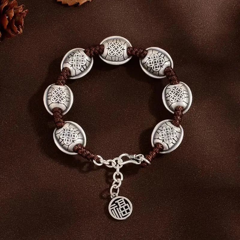 S999 Solid Silver Ancient Craft Handwoven Turtle Shell Wealth Symbol Bracelet Adjustable Closure Unisex Quality Jewelry Gift