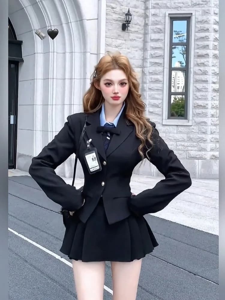 SYJ Shuyijia plus Size Preppy Style Suit Jacket Shirt Early Autumn Sweet Spicy Girl Pleated Skirt Set High Waist A-Line ...
