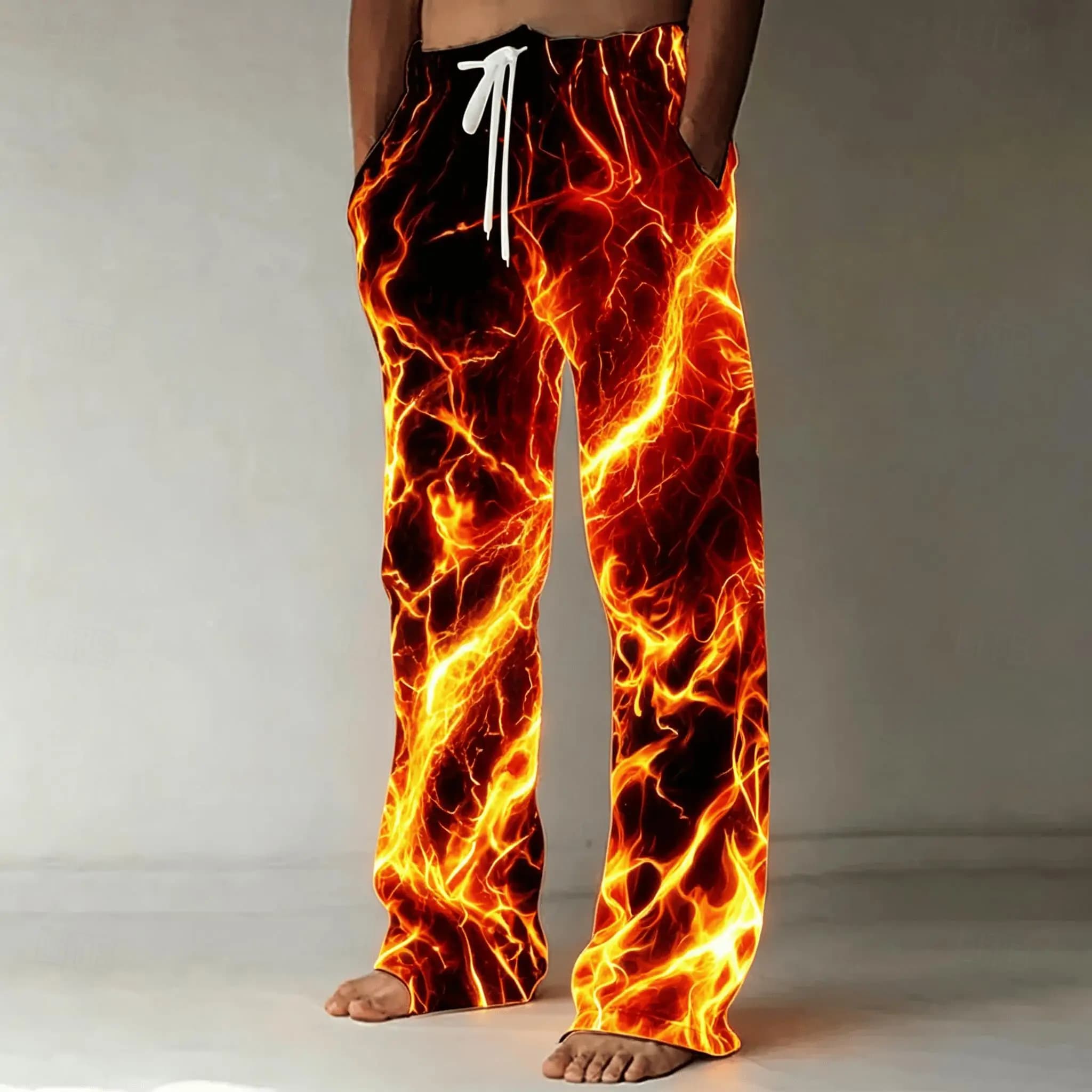 Men's Fire Lightning Print Drawstring Pants, Casual Loose Wide-Leg Trousers for Spring & Summer Streetwear