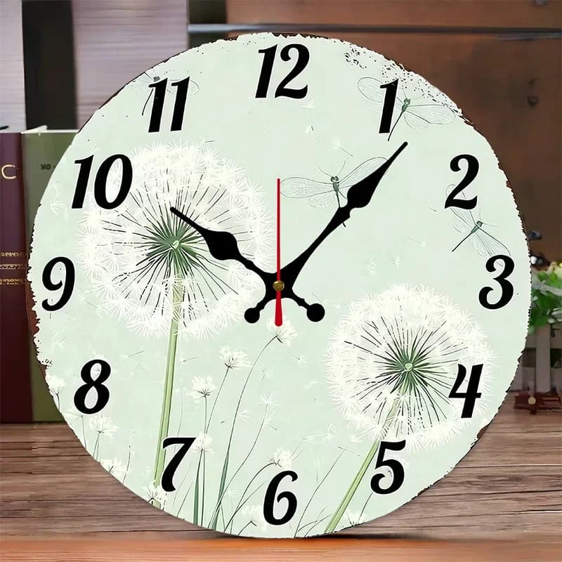 Orologio da parete silenzioso rotondo in legno con tarassaco e libellula, adatto per soggiorno, ufficio, studio, camera da letto, decorazione domestica