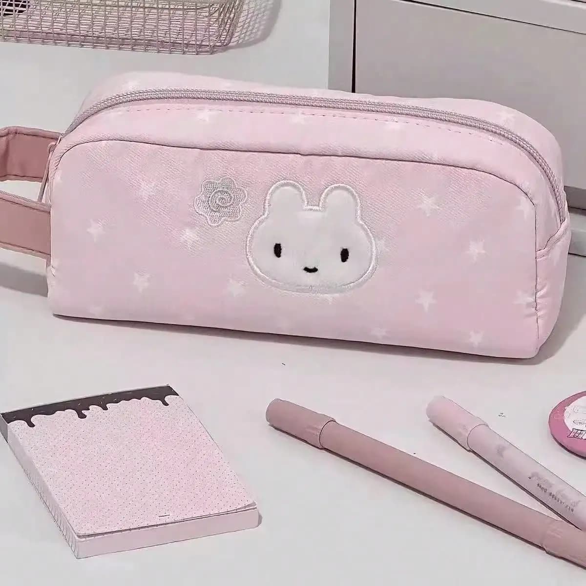 1pc Star Print Embroidery Animal Pencil Case, Soft Fabric Large Capacity Pen Pouch , Bunny & Panda Design Stationery Bag For Students, Portable Back To School Supplies To Store Pens Erasers And Small Learning Accessories,Back To School