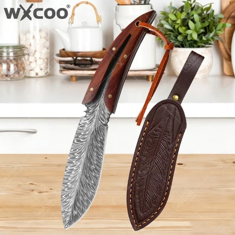 Coltello da Cucina WXCOO in Acciaio Inossidabile Forgiato con Motivo a Piuma, Coltello Professionale da Macellaio con Fodero per Disossare
