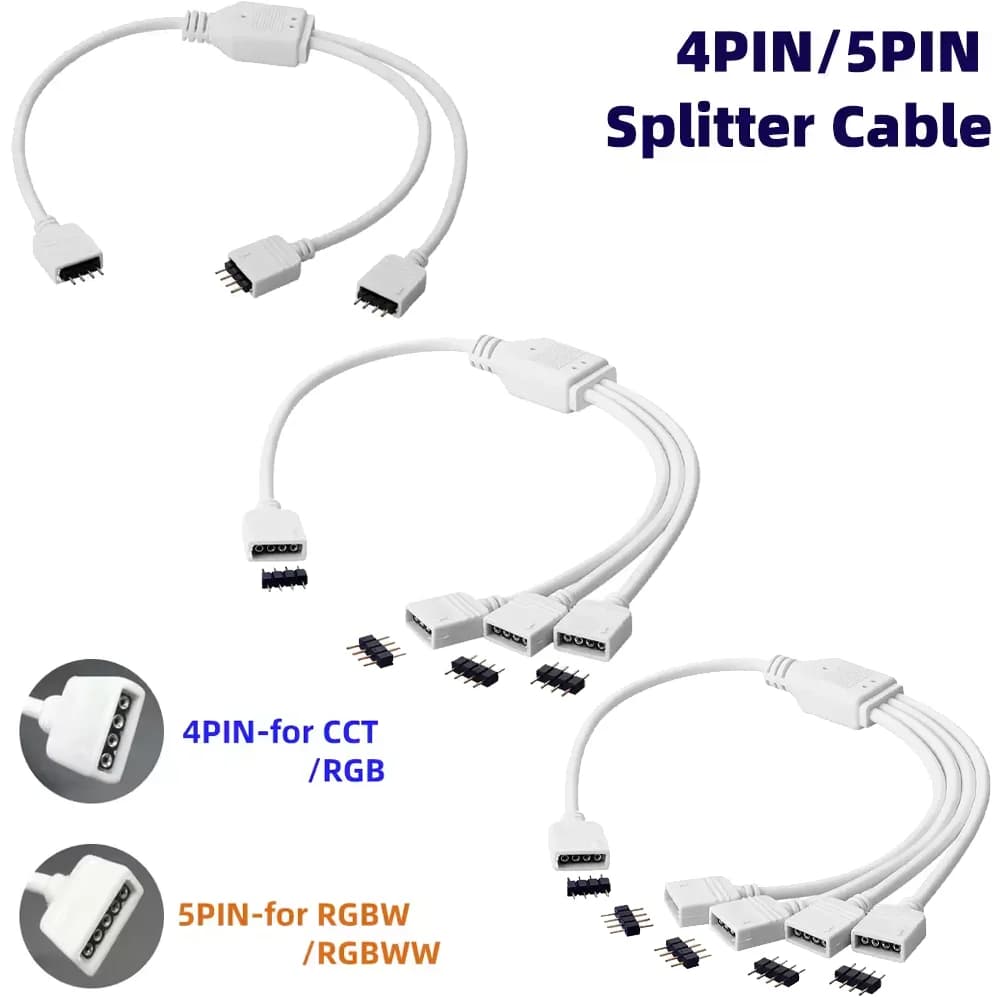 4PIN 5PIN LED Splitter Cable 1 to 2/3/4 Way Female Connector For SMD 5050 RGB CCT LED Light Strip Easy Connect Extension Cable
