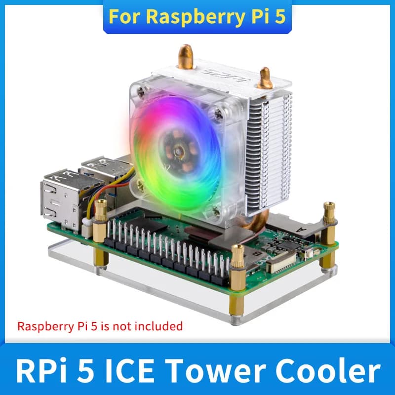 Raspberry Pi 5 ICE Tower Cooler Pure Copper Radiator CPU RGB LED Light 4cm Heat Sink Cooling Fan for RPi 5