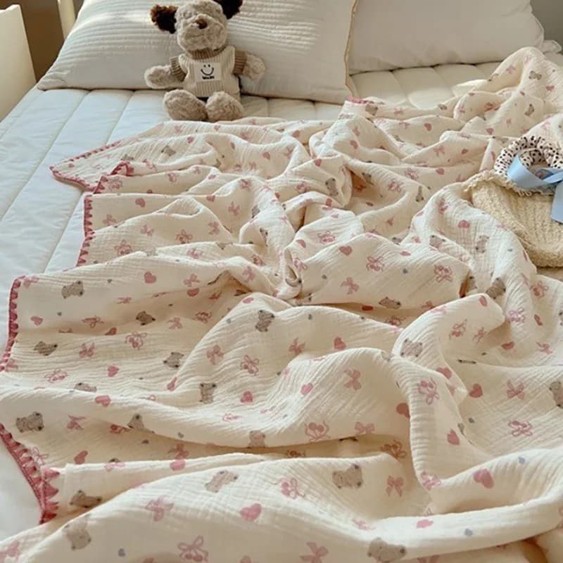 Coperta in filato a doppio strato di puro cotone Ins Cartoon Teddy Bear Trapunta per aria condizionata Scialle da viaggio Copriletto estivo Biancheria da letto per la casa