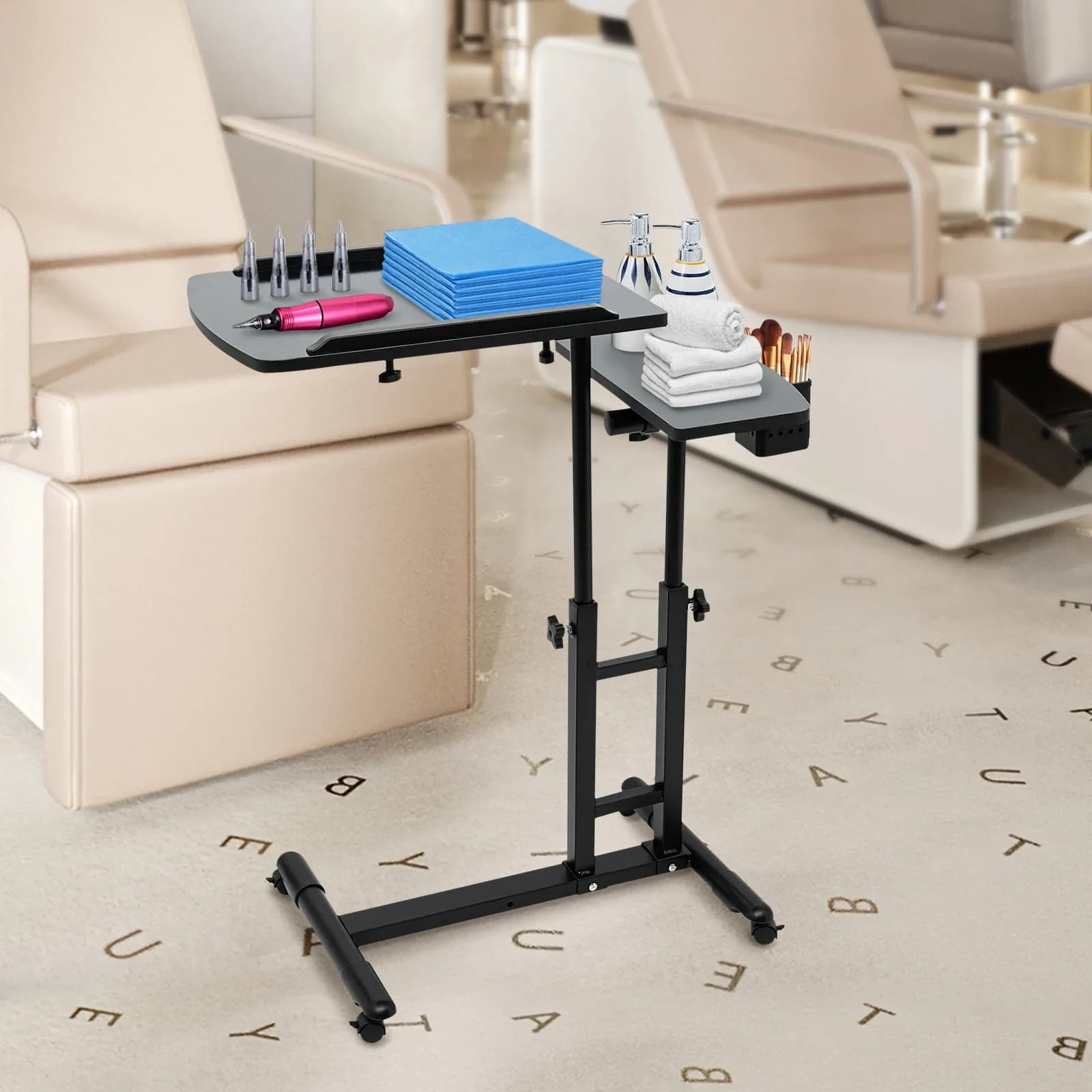 Tattoo Table Station Dual Countertops Universal Wheels | Height Adjustable - Portable Mobile Tattoo Station with Arm Rest Stand