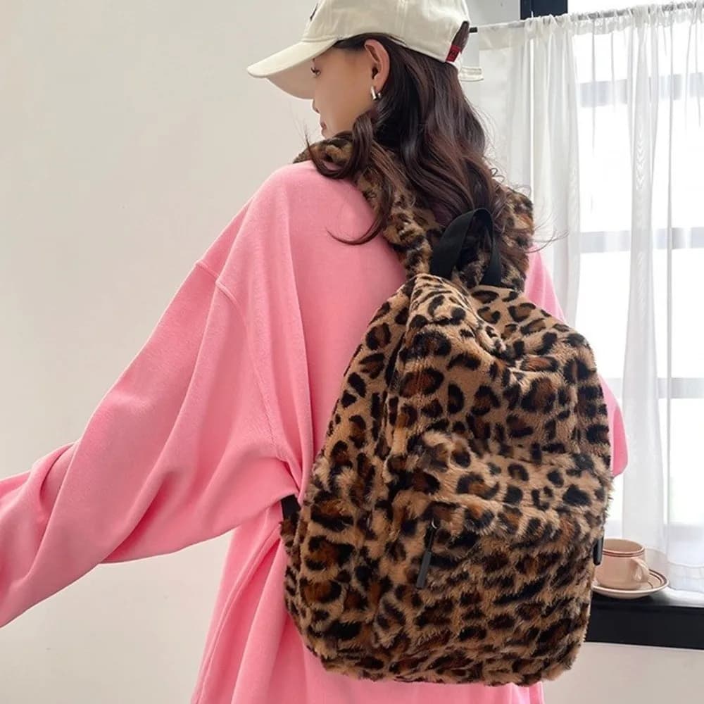 Plush Leopard Print Backpack Lightweight Ulzzang Students School Bag Adjustable Shoulder Straps Harajuku Students Daypack Work
