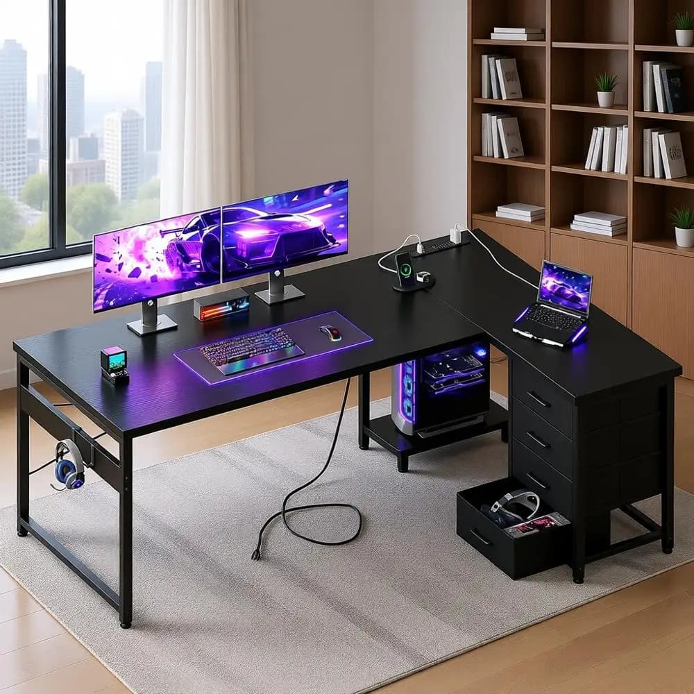 Scrivania da Gaming a L con 4 Cassetti, Scrivania da Ufficio Reversibile 61, Porta di Ricarica USB, Gestione Cavi, Facile Montaggio, Nera