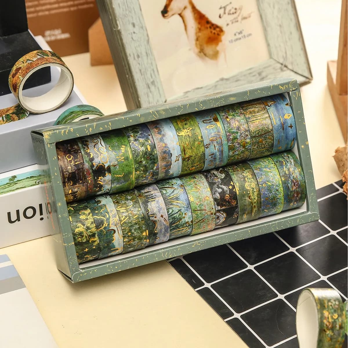 20 rotoli/scatola nastro washi stile pittura a olio vintage, modelli di paesaggi floreali, materiali decorativi per confezioni regalo per album fai da te