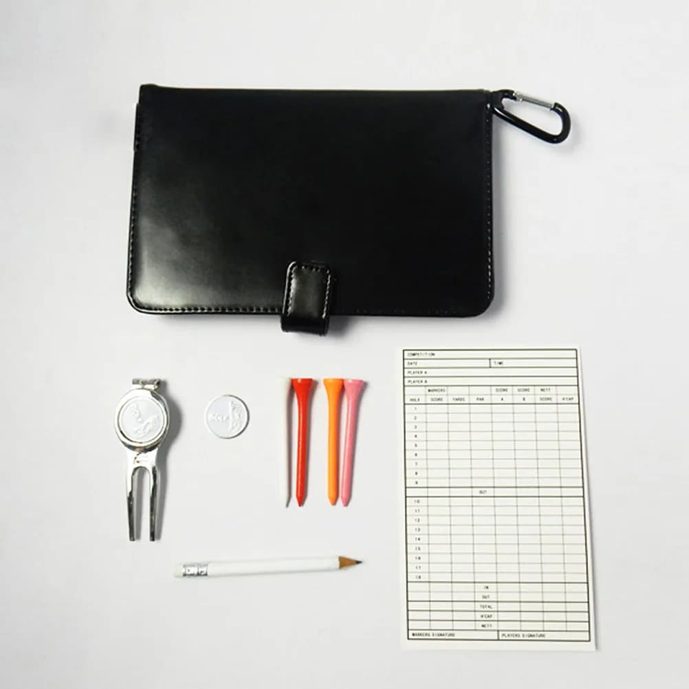 Golf Scorecard Holder Set Black with Divot Tool Ball Marker Tees Pencil Carabiner and Portable Storage Bag