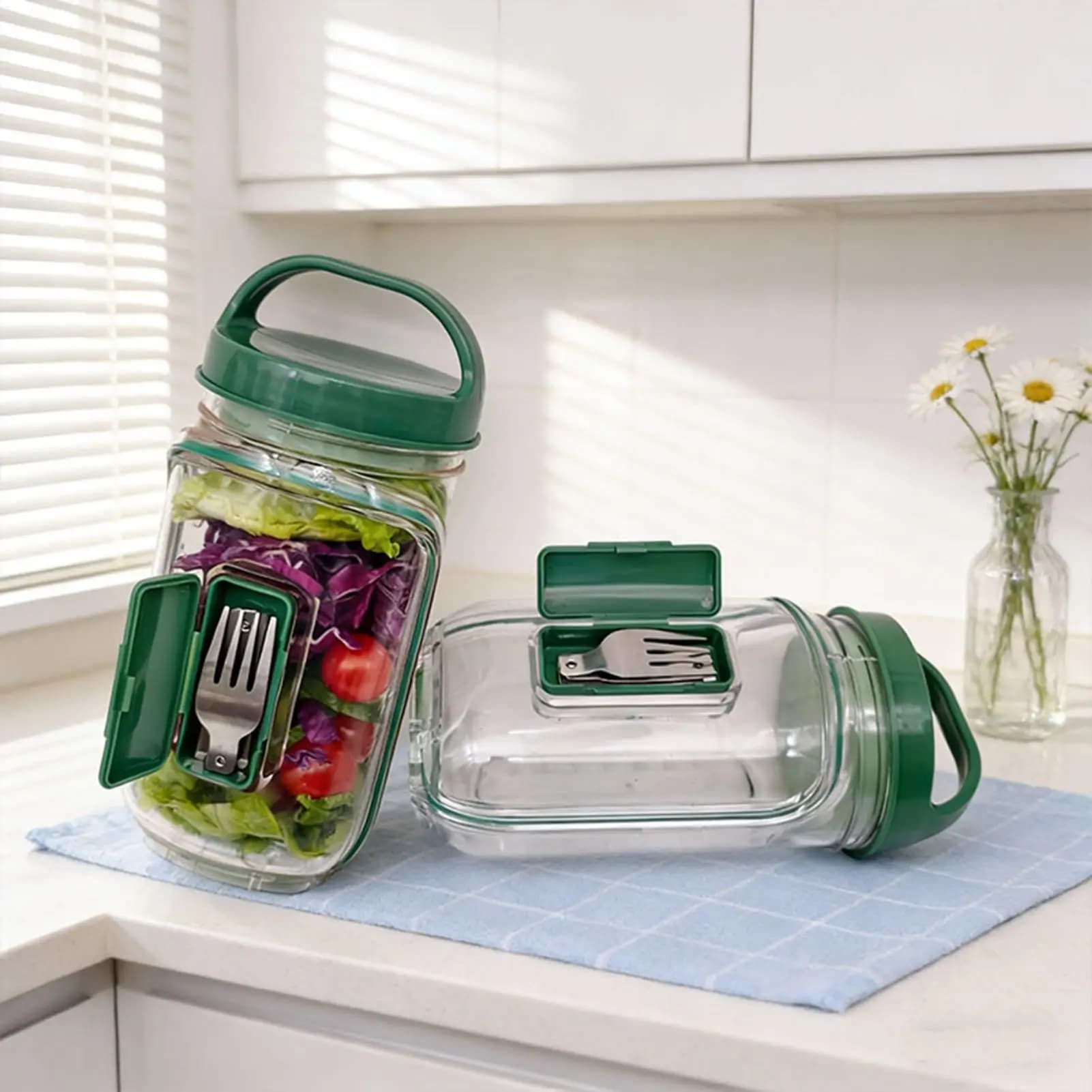 Contenitore per Insalata da 1000ml a Prova di Perdite con Apertura Laterale, Barattolo per Preparazione Pasti con Contenitore per Condimenti per Pranzo, Lavoro, Ufficio, Palestra, Viaggi