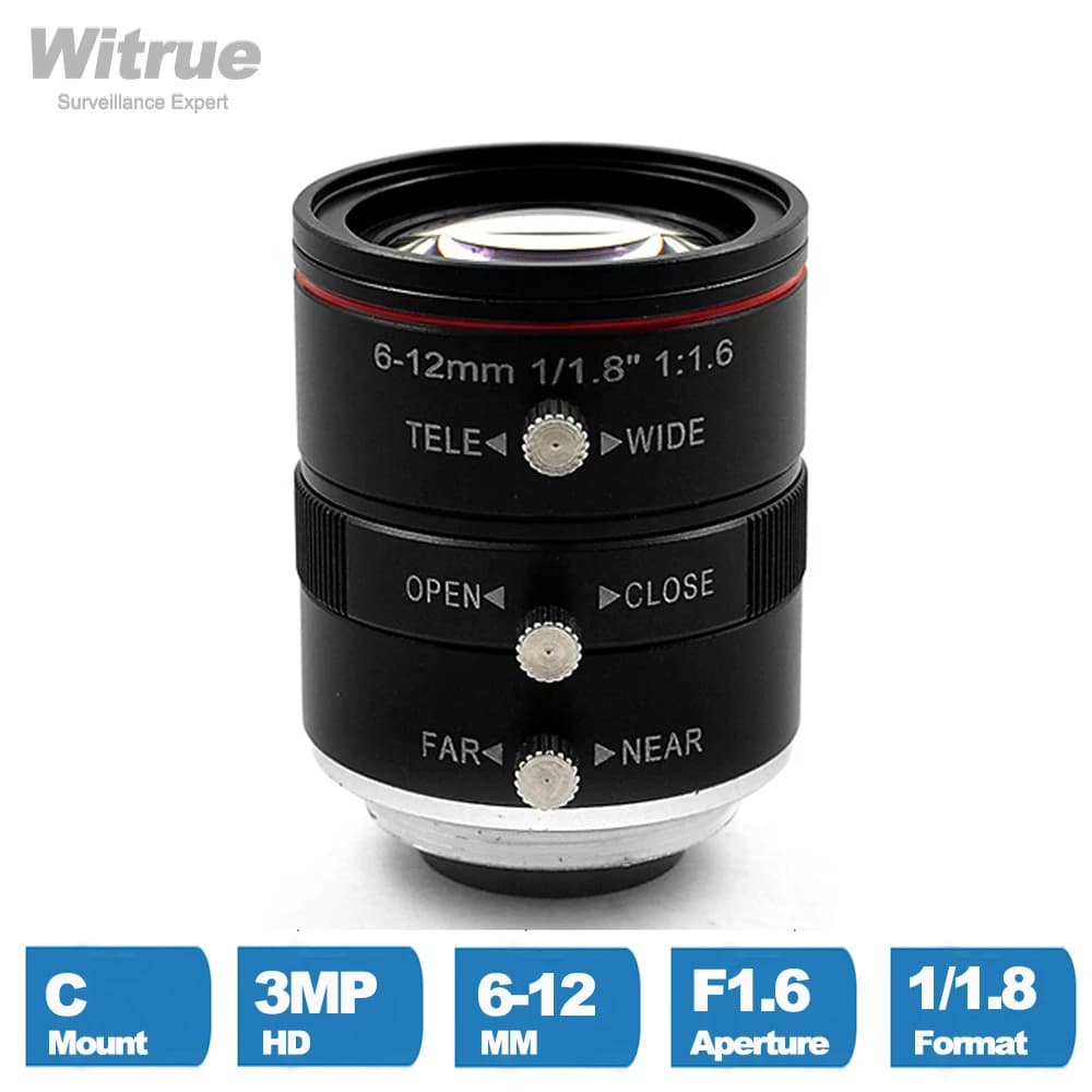 Witrue HD 3MP obiettivo CCTV industriale 6-12mm Varifocal C Mount apertura 1/1, 8 pollici F1.6 per telecamere IP di videosorveglianza