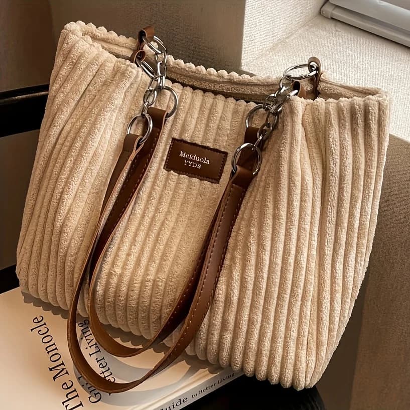 Elegant tote bag in soft velvet ribbed for woman Large shoulder bag in slippery plush woman handbag with large capacity