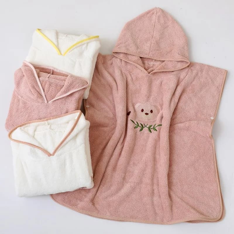 Embroidered Bear Baby Coral Fleece Hooded Towel Poncho Kids Bath Robe Infant Shower Absorbent Bathing Wrap