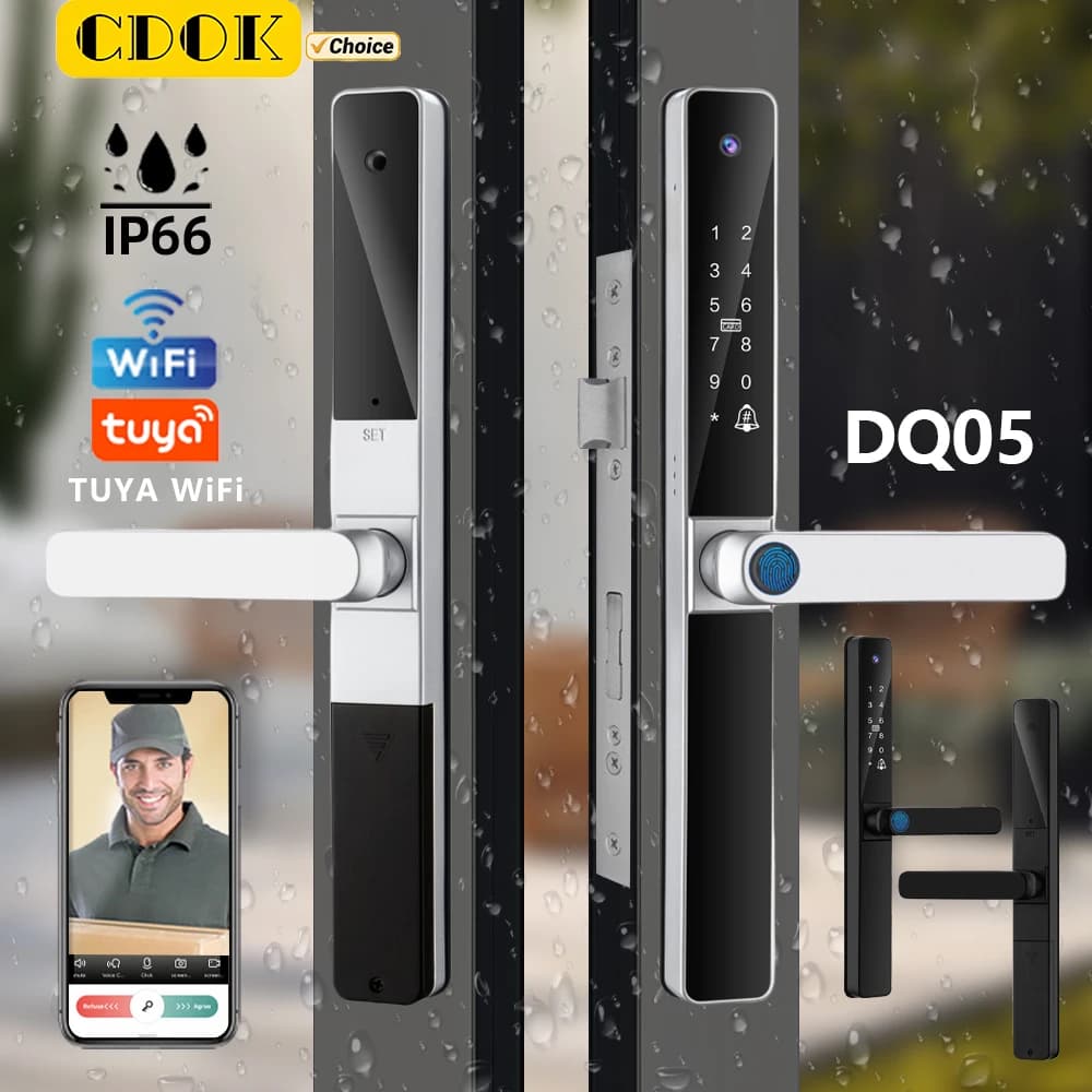 CDOK DQ05Tuya Smart lock WiFi, IP66 esterno impermeabile, cat eye visivo, sblocco remoto WiFi, blocco impronte digitali, blocco password,
