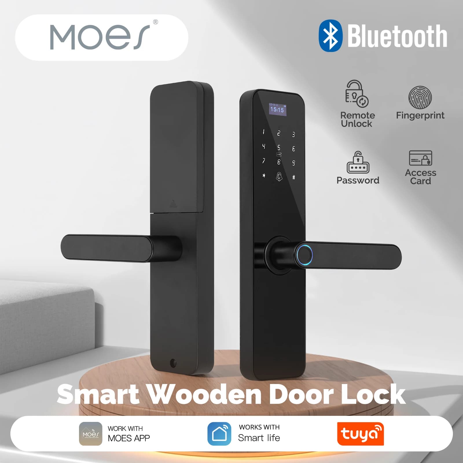 MOES Serratura intelligente per porta in legno - Impronta digitale, tastiera, codice PIN, telecomando, allarme antimanomissione, alimentata a batteria, con display