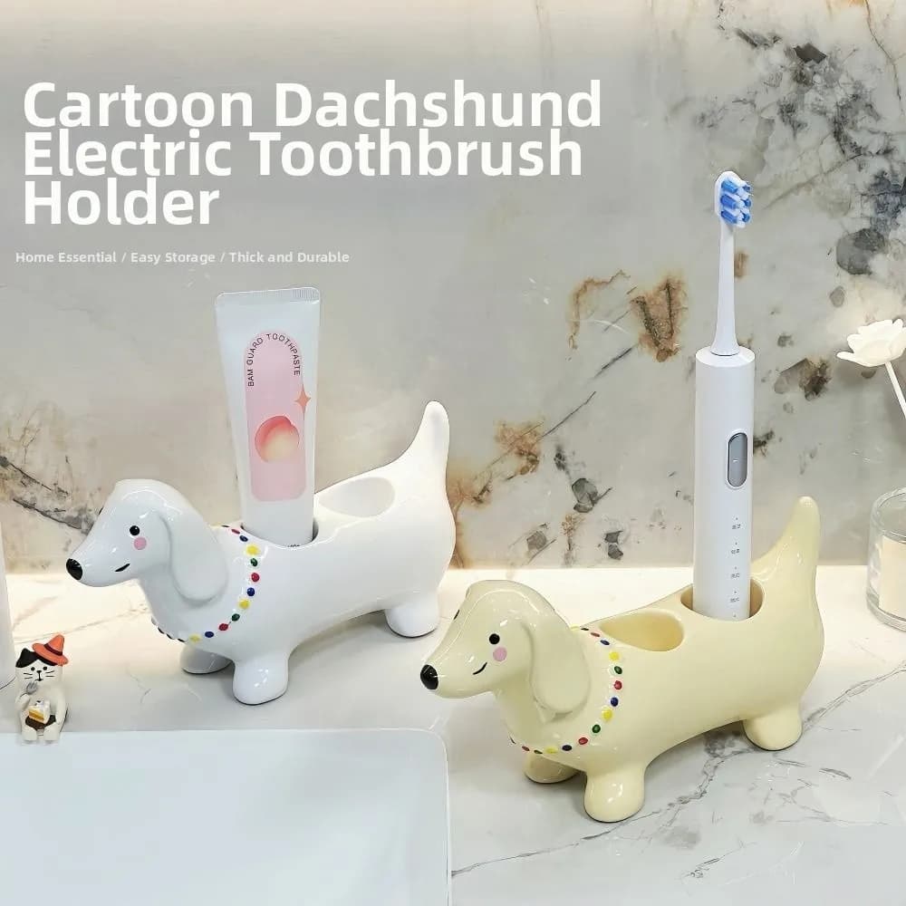 Portaspazzolino in Ceramica a Forma di Bassotto, Creativo Supporto a 2 Scomparti per Spazzolino Elettrico, Base Impermeabile per Spazzolino e Dentifricio