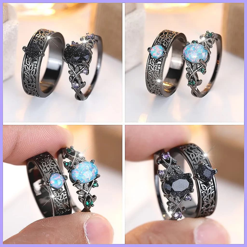 Set di Anelli in Cristallo Blu a Forma di Uovo con Dettagli in Oro Nero, Design Vintage a Foglia con Zirconi
