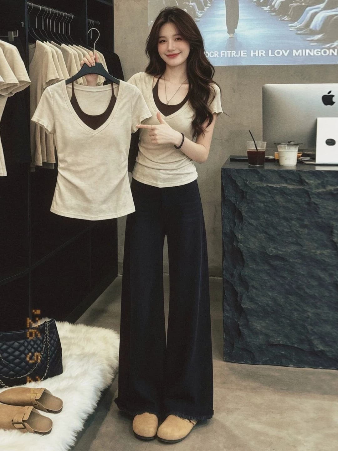 Slimming V-Neck Short Sleeve T-Shirt Women's Summer plus Size Conceal Meat Look Good Single Piece Hanging Neck Design T-Shirt