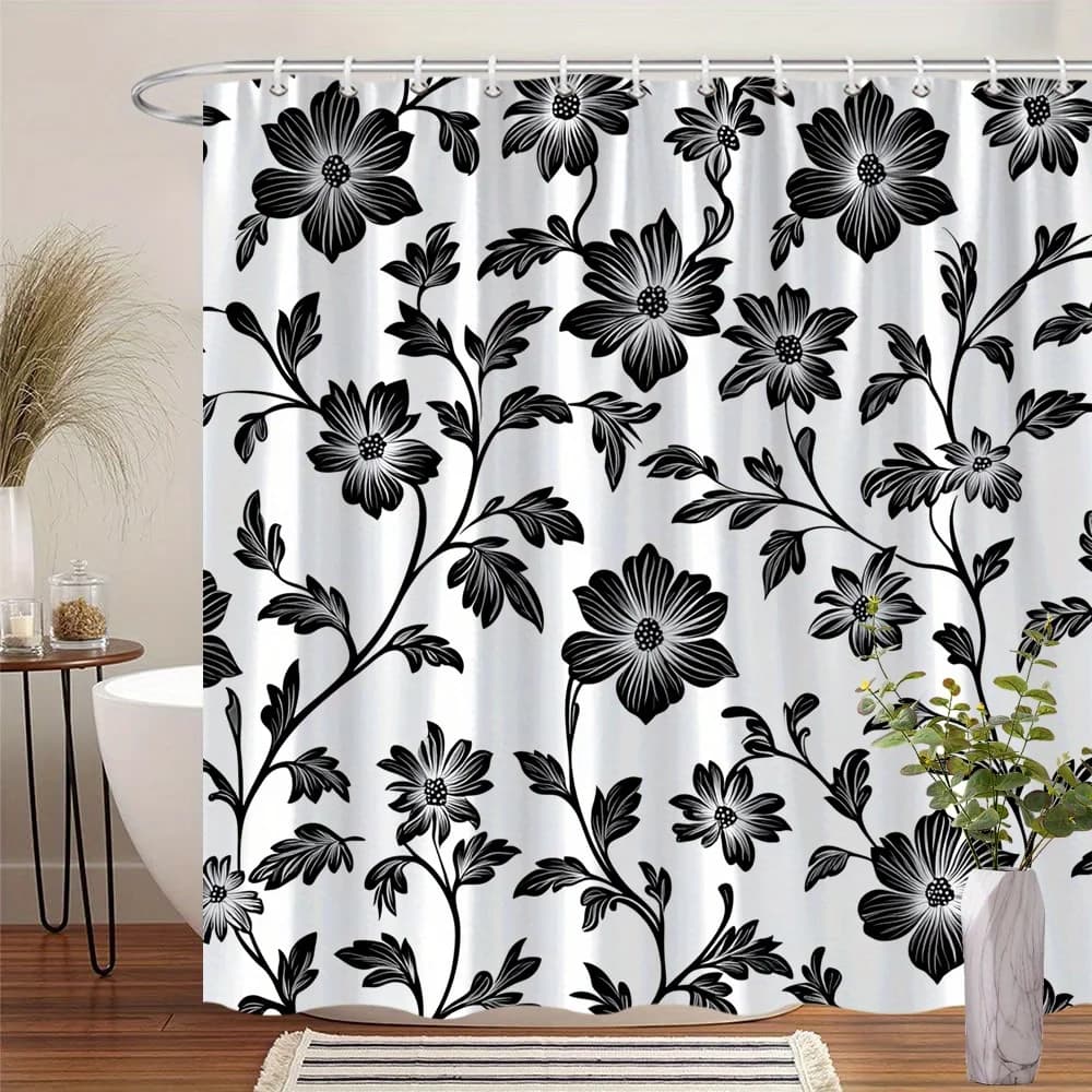 1 Elegante tenda da doccia floreale bianca e nera con fiori e foglie in stile, con ganci, poliestere lavabile in lavatrice