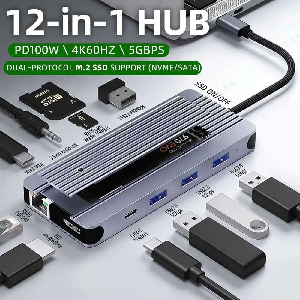 Docking station Hub USB-C 12in1 con custodia per SSD M.2 NVMe SATA, adattatore da TypeC a HDMI PD 100W 4K60Hz per laptop Macbook Air/Pro
