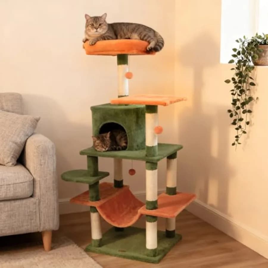 Albero per Gatti Alto 58 Pollici per Gatti da Interno con Cuccia Superiore, Amaca, Tiragraffi in Sisal, 3 Palline Pendenti, Piattaforme e Struttura Multilivello