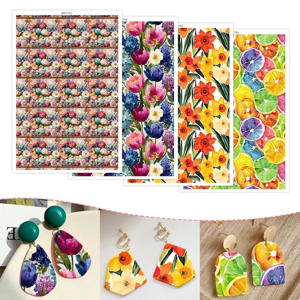 1pc Polymer Clay Transfer Paper Spring Floral Summer Fruit Pattern Water Soluble Disposable Sticker for DIY Earring Decals