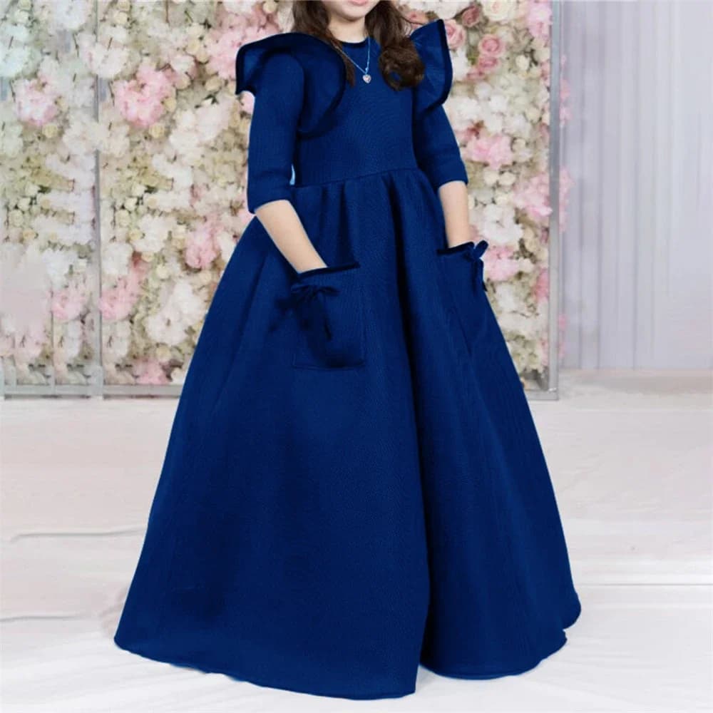 Elegante Abito da Damigella con Mezza Manica, Linea A, in Raso Blu Scuro, Lunghezza a Terra, per Prima Comunione e Cerimonie Serali
