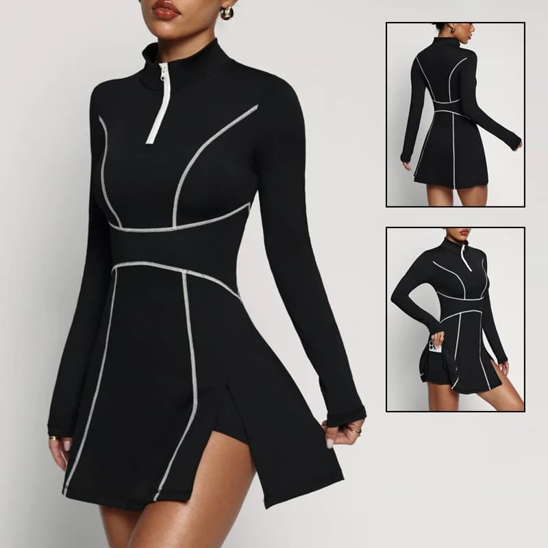 Nuovo Abito da Tennis e Golf per Donna con Colletto Polo e Zip sul Collo, Vestito da Yoga a Maniche Lunghe con Spacco, Gonna da Badminton e Palestra con Pantaloncini Interni