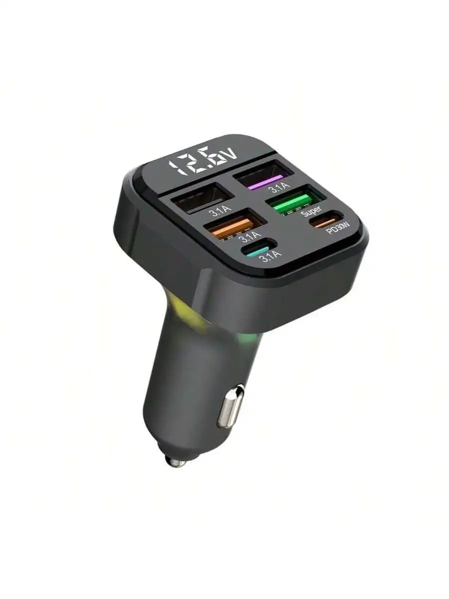 Caricabatterie da auto a 6 porte con display 12,6 V in tempo reale, ricarica rapida 45 W PD30 W QC3.0 per iPhone, Android, tablet, laptop