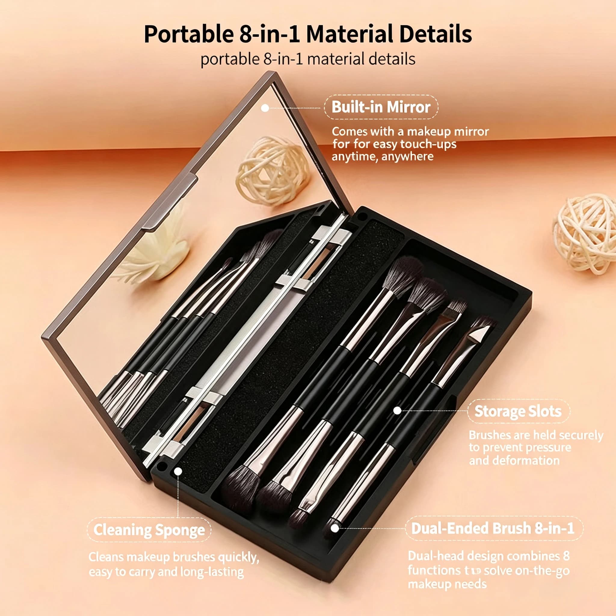 4-piece double-headed eye shadow brush set with mirror, portable nose shadow brush, concealer brush, makeup brush