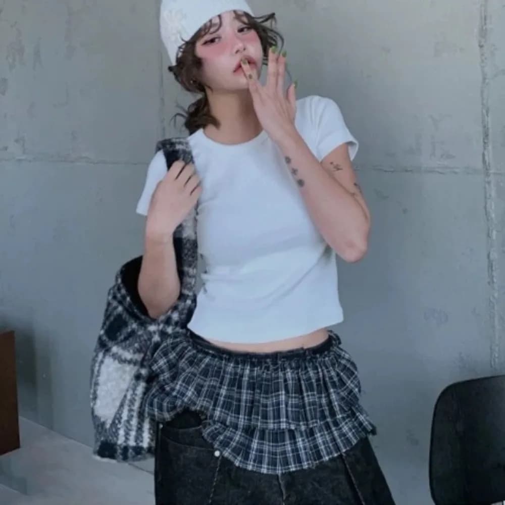 Hip-hop Layer Outfits Plaid Skirt Sweet Y2K Lace Up Hip Scarf Shirt Extender Korean Style Ruffled Edge Waistband Jeans Decor